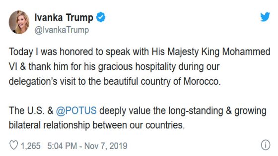 ايفانكا تعبر عن شكرها للعاهل المغربي الملك محمد السادس.