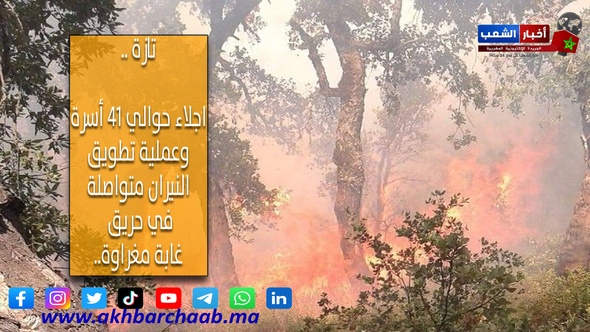 تازة .. اجلاء حوالي 41 أسرة وعملية تطويق النيران متواصلة في حريق ‘غابة مغراوة’
